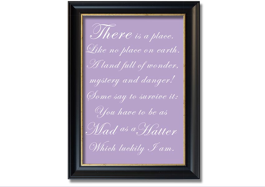 Framed print of Alice In Wonderland's Mad Hatter in lilac, showcasing whimsical art with a decorative frame.