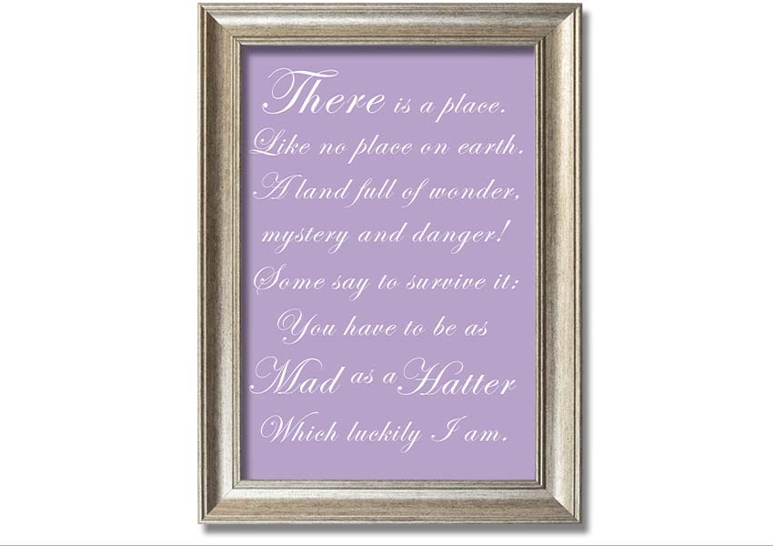 Framed print of Alice In Wonderland's Mad Hatter in lilac, showcasing whimsical art with a decorative frame.