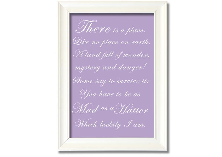 Framed print of Alice In Wonderland's Mad Hatter in lilac, showcasing whimsical art with a decorative frame.