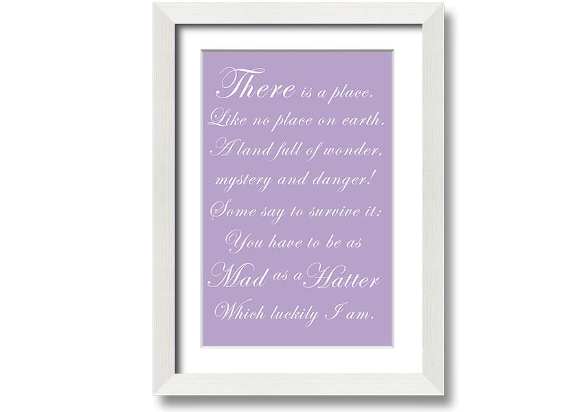 Framed print of Alice In Wonderland's Mad Hatter in lilac, showcasing whimsical art with a decorative frame.