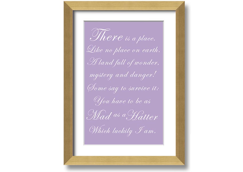 Framed print of Alice In Wonderland's Mad Hatter in lilac, showcasing whimsical art with a decorative frame.