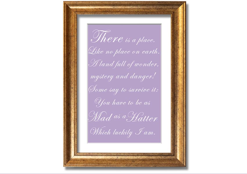 Framed print of Alice In Wonderland's Mad Hatter in lilac, showcasing whimsical art with a decorative frame.