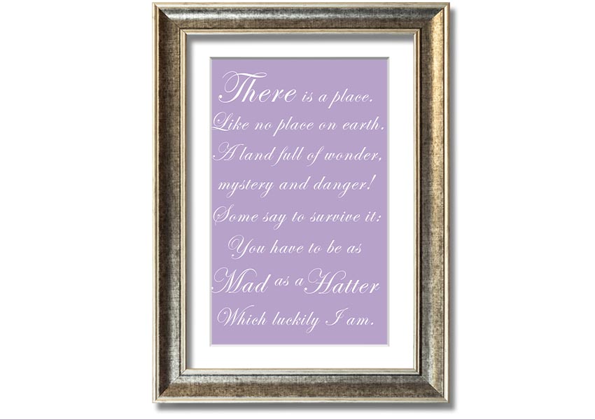 Framed print of Alice In Wonderland's Mad Hatter in lilac, showcasing whimsical art with a decorative frame.