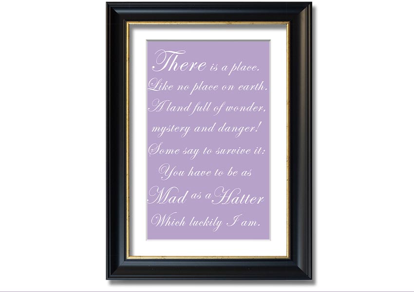 Framed print of Alice In Wonderland's Mad Hatter in lilac, showcasing whimsical art with a decorative frame.