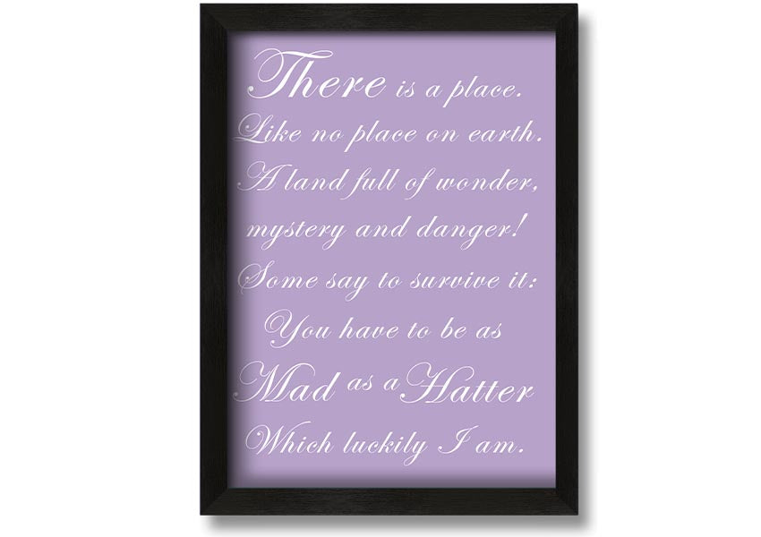 Framed print of Alice In Wonderland's Mad Hatter in lilac, showcasing whimsical art with a decorative frame.