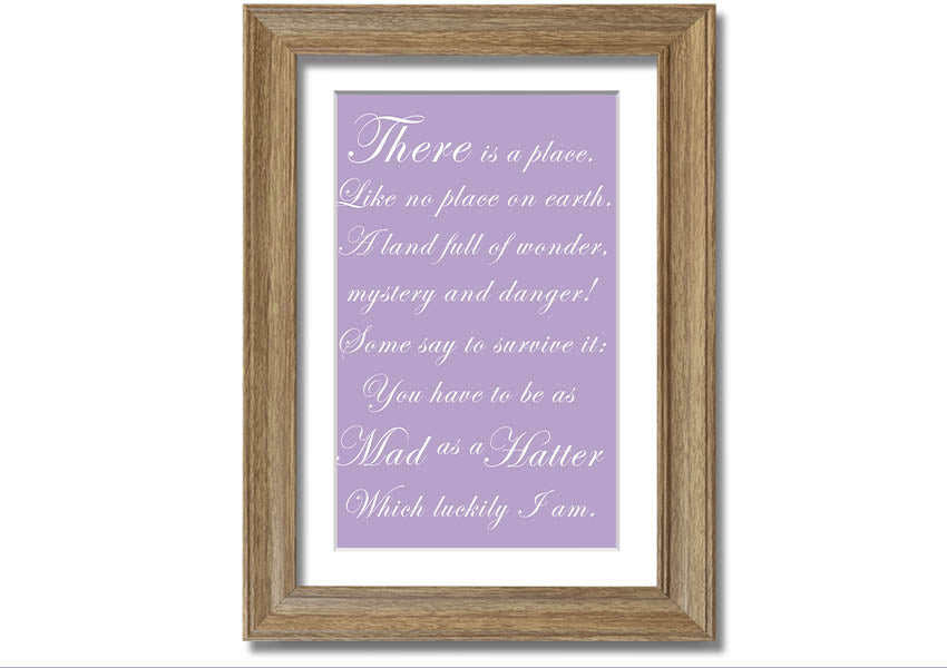 Framed print of Alice In Wonderland's Mad Hatter in lilac, showcasing whimsical art with a decorative frame.