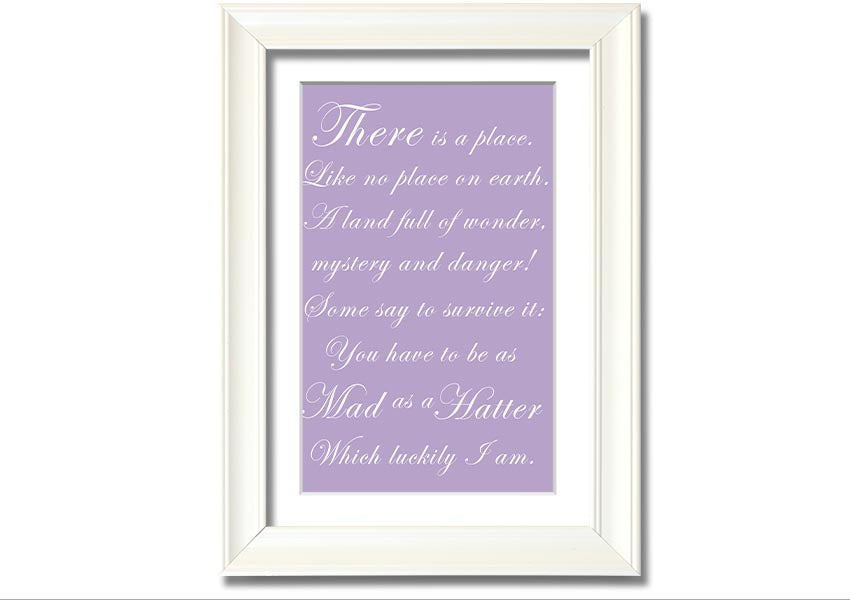 Framed print of Alice In Wonderland's Mad Hatter in lilac, showcasing whimsical art with a decorative frame.