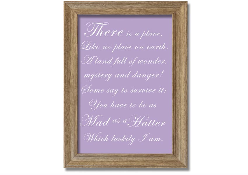 Framed print of Alice In Wonderland's Mad Hatter in lilac, showcasing whimsical art with a decorative frame.