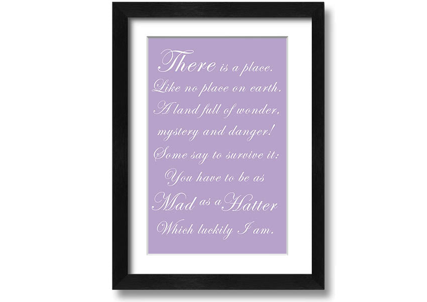 Framed print of Alice In Wonderland's Mad Hatter in lilac, showcasing whimsical art with a decorative frame.