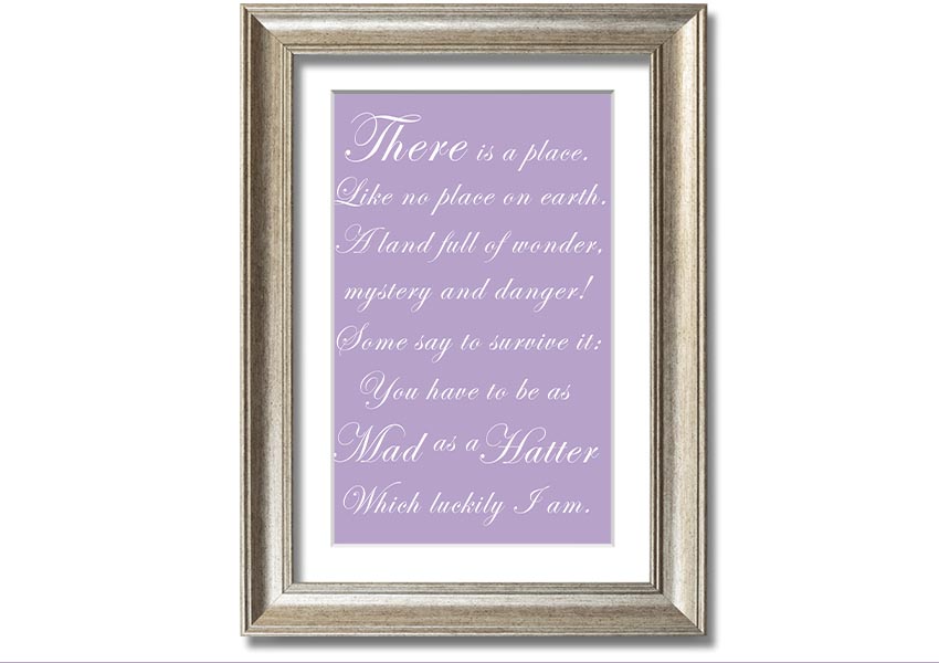 Framed print of Alice In Wonderland's Mad Hatter in lilac, showcasing whimsical art with a decorative frame.