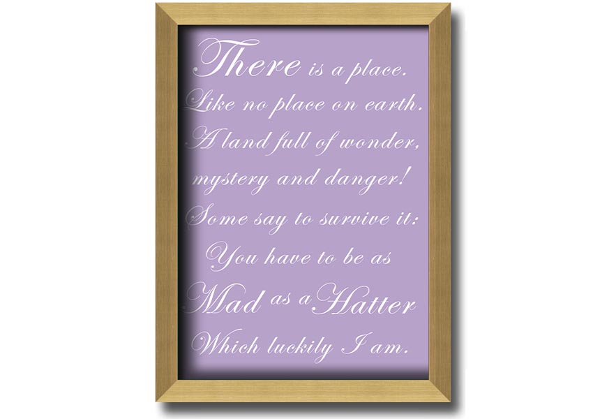 Framed print of Alice In Wonderland's Mad Hatter in lilac, showcasing whimsical art with a decorative frame.