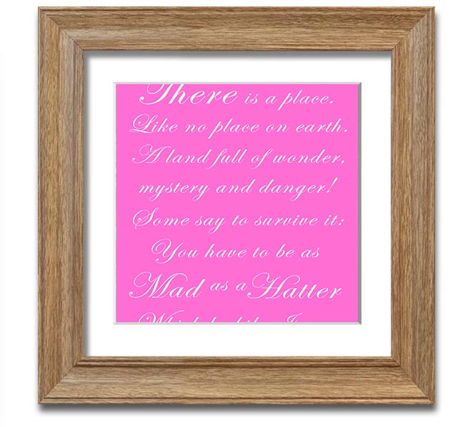 Vivid pink square framed print of the Mad Hatter from Alice In Wonderland, showcasing vibrant colors and whimsical design.