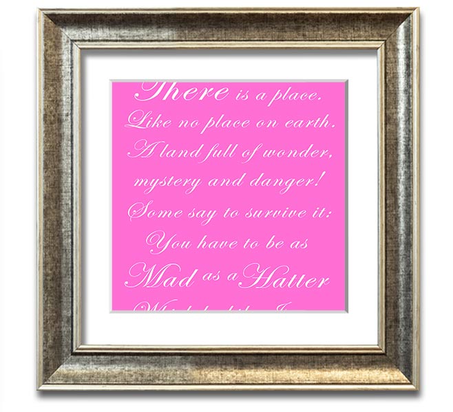 Vivid pink square framed print of the Mad Hatter from Alice In Wonderland, showcasing vibrant colors and whimsical design.