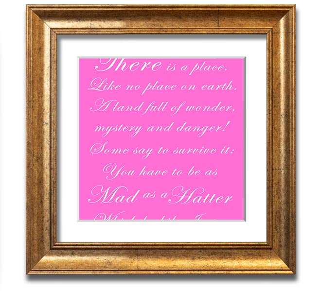 Vivid pink square framed print of the Mad Hatter from Alice In Wonderland, showcasing vibrant colors and whimsical design.