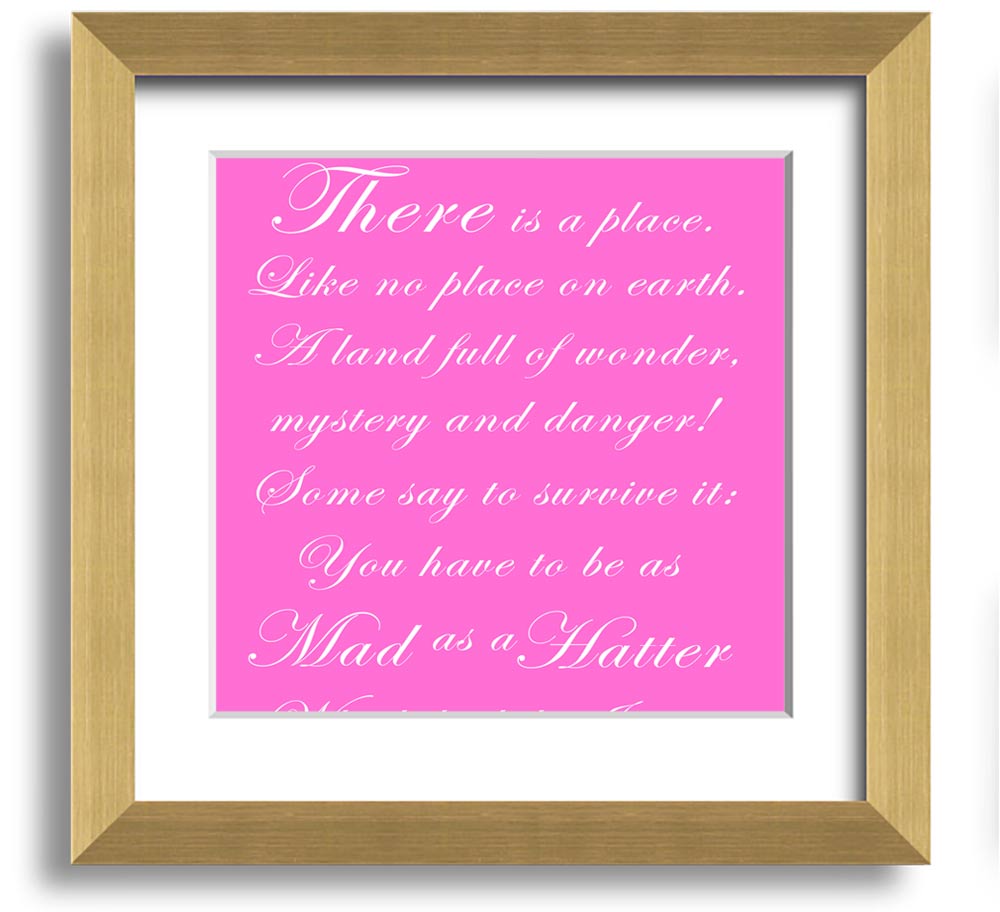 Vivid pink square framed print of the Mad Hatter from Alice In Wonderland, showcasing vibrant colors and whimsical design.