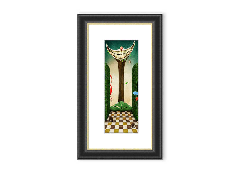 Framed print of the Cheshire Cat from Alice In Wonderland, showcasing its iconic grin and whimsical design.