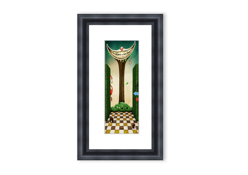 Framed print of the Cheshire Cat from Alice In Wonderland, showcasing its iconic grin and whimsical design.