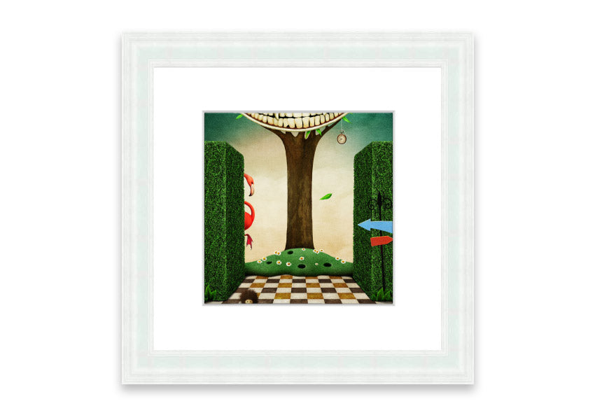 Framed print of the Cheshire Cat from Alice In Wonderland, showcasing its iconic grin and whimsical design.