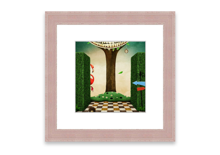 Framed print of the Cheshire Cat from Alice In Wonderland, showcasing its iconic grin and whimsical design.