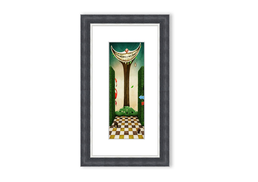 Framed print of the Cheshire Cat from Alice In Wonderland, showcasing its iconic grin and whimsical design.