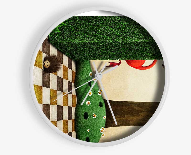 Alice In Wonderland Cheshire Cat clock made from natural bamboo with a whimsical design, featuring a round face and clear Plexiglas lens.