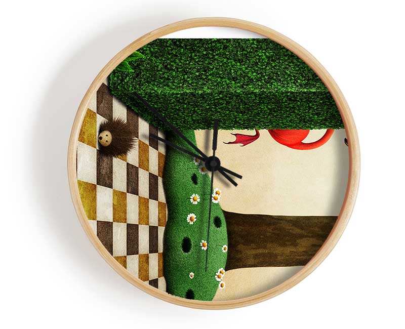 Alice In Wonderland Cheshire Cat clock made from natural bamboo with a whimsical design, featuring a round face and clear Plexiglas lens.