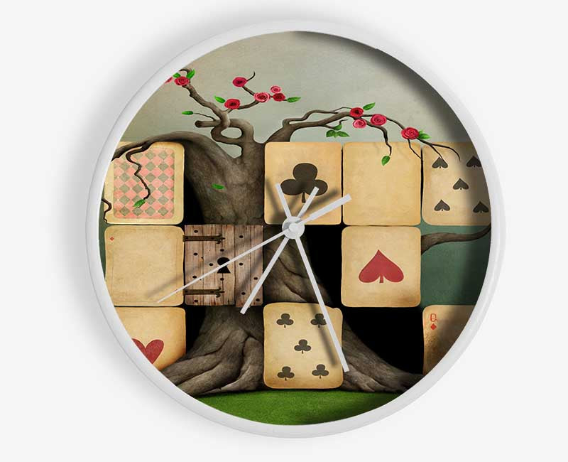 Alice In Wonderland Dice Tree clock featuring whimsical design with natural bamboo frame and clear Plexiglas lens.