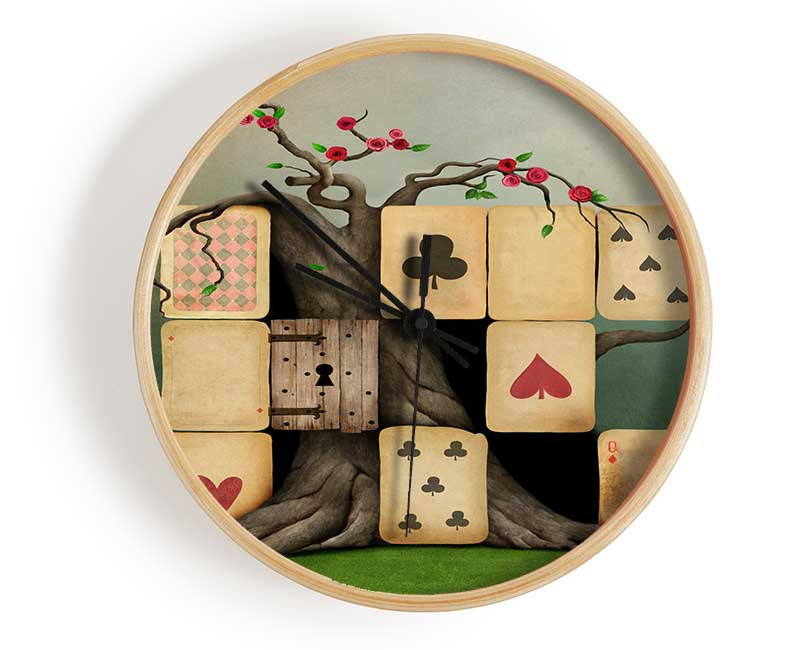 Alice In Wonderland Dice Tree clock featuring whimsical design with natural bamboo frame and clear Plexiglas lens.