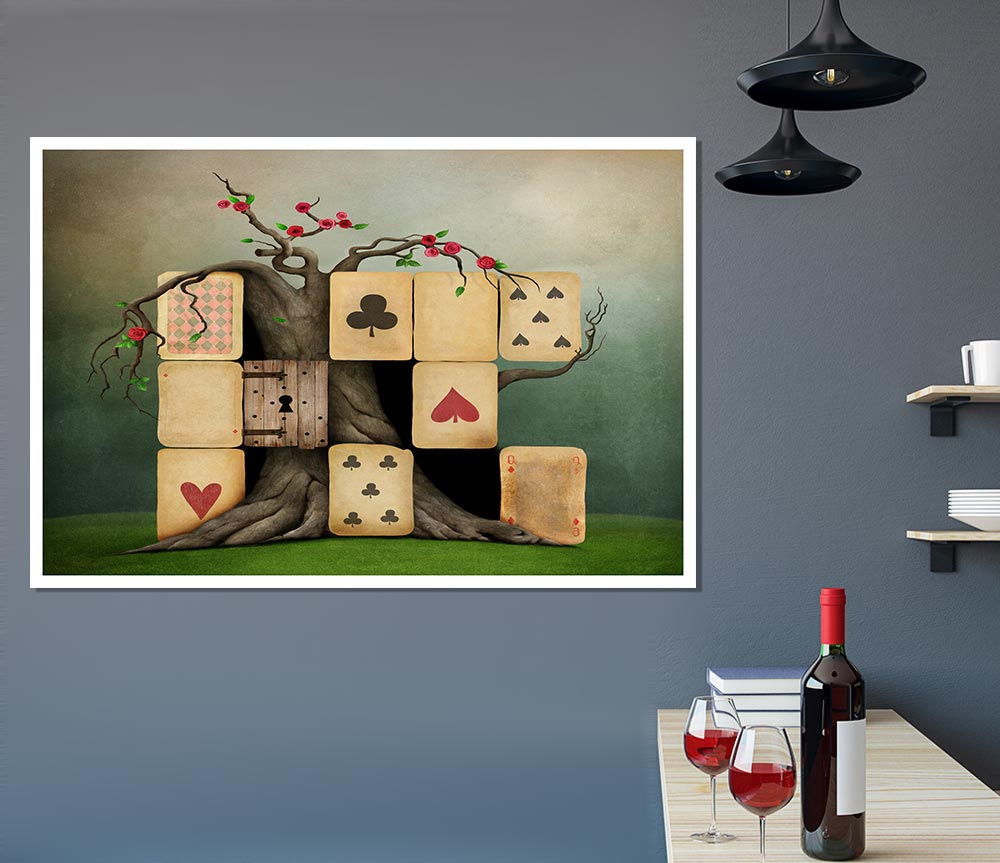 Alice In Wonderland Dice Tree poster on high-quality canvas, featuring whimsical design and vibrant colors.