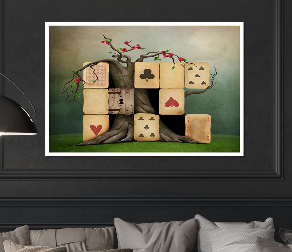 Alice In Wonderland Dice Tree poster on high-quality canvas, featuring whimsical design and vibrant colors.