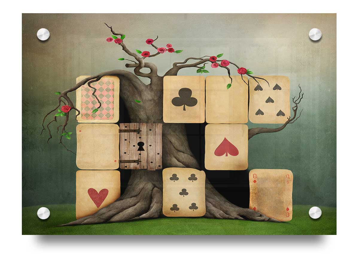 Alice In Wonderland Dice Tree acrylic print on 5mm thick acrylic glass, featuring vibrant colors and whimsical design.