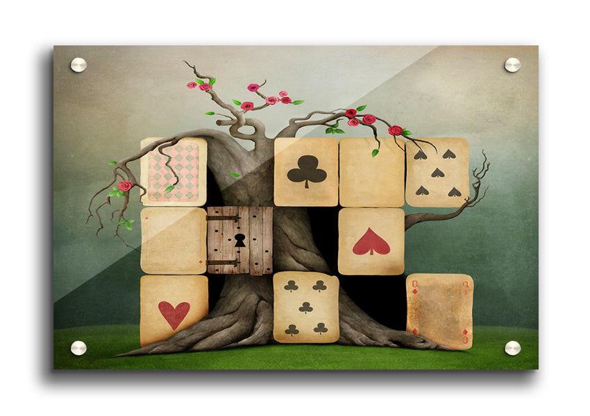 Alice In Wonderland Dice Tree acrylic print on 5mm thick acrylic glass, featuring vibrant colors and whimsical design.