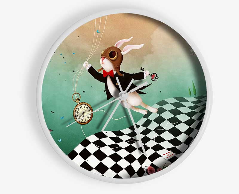 Alice In Wonderland themed clock made from natural bamboo with a round face and clear Plexiglas lens, available in black, white, or natural frame colors.