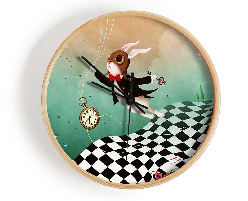 Alice In Wonderland themed clock made from natural bamboo with a round face and clear Plexiglas lens, available in black, white, or natural frame colors.