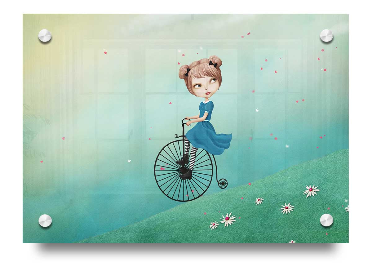 Alice In Wonderland Penny Farthing acrylic print on 5mm thick acrylic glass, featuring vibrant colors and whimsical design.