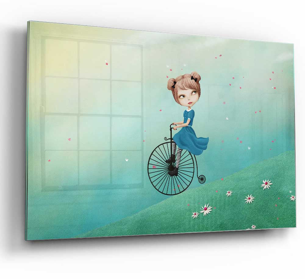 Alice In Wonderland Penny Farthing glass print featuring a whimsical design with vibrant colors and intricate details.