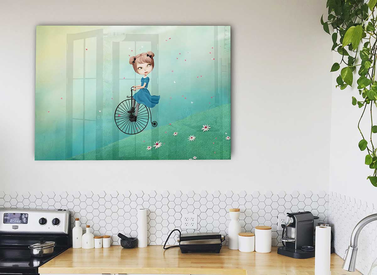 Alice In Wonderland Penny Farthing glass print featuring a whimsical design with vibrant colors and intricate details.