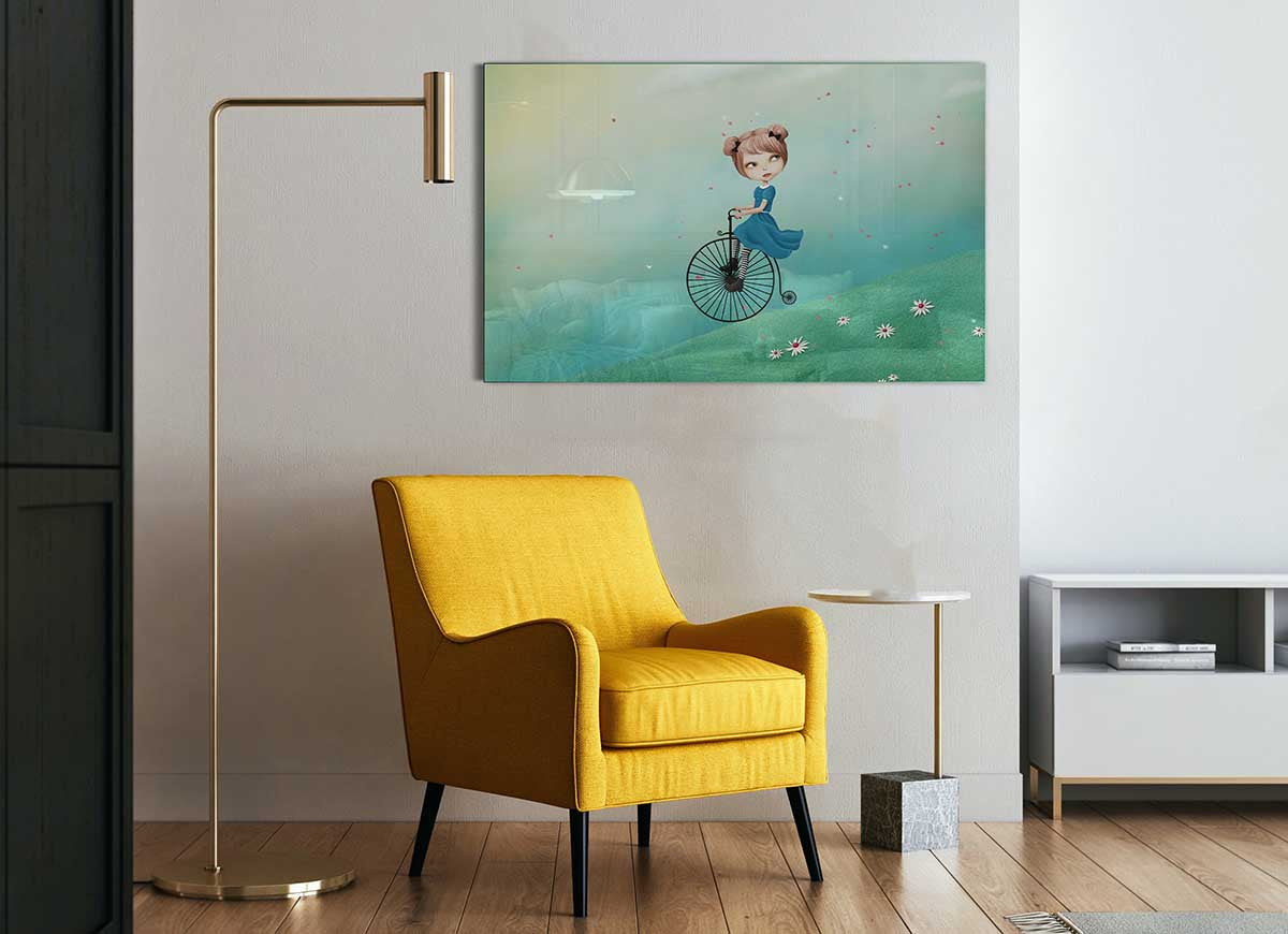 Alice In Wonderland Penny Farthing glass print featuring a whimsical design with vibrant colors and intricate details.