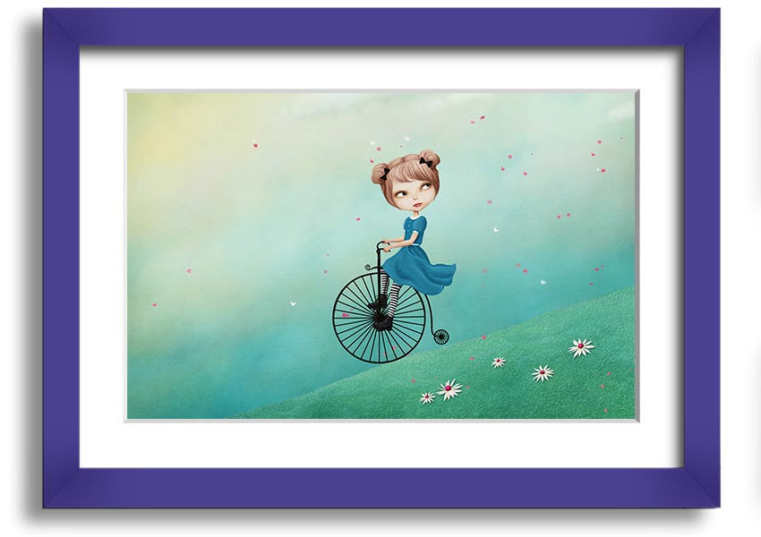 Framed print of Alice In Wonderland featuring a penny farthing bicycle, handmade in the UK with multiple frame color options.