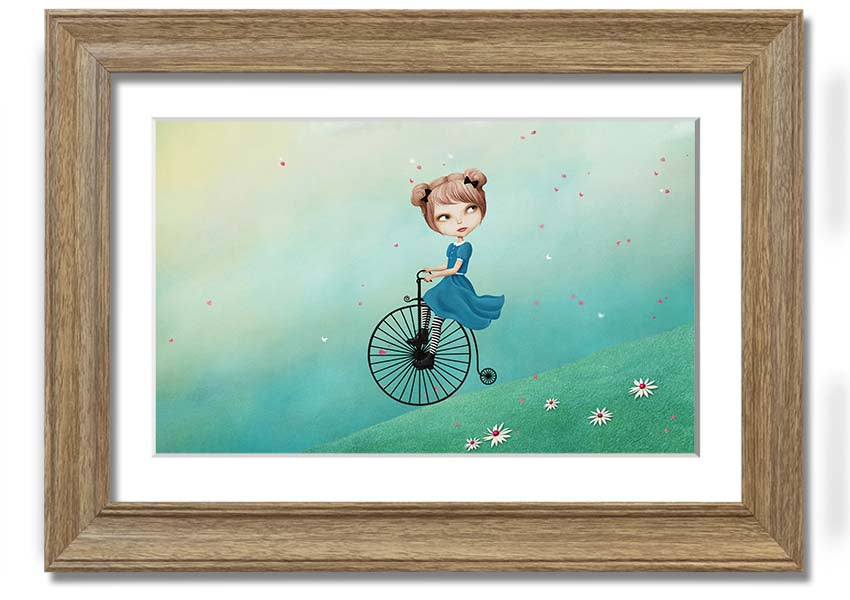 Framed print of Alice In Wonderland featuring a penny farthing bicycle, handmade in the UK with multiple frame color options.