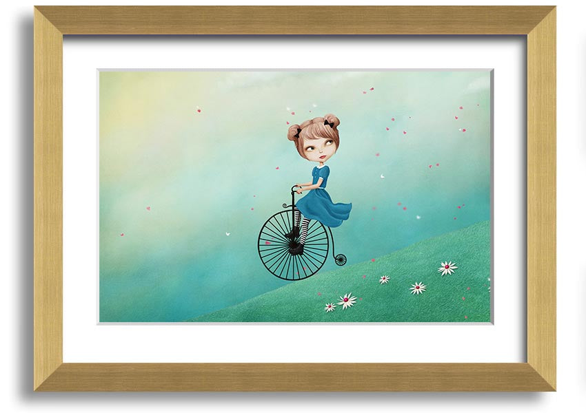 Framed print of Alice In Wonderland featuring a penny farthing bicycle, handmade in the UK with multiple frame color options.