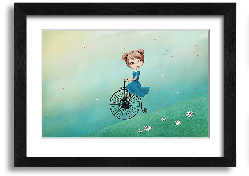 Framed print of Alice In Wonderland featuring a penny farthing bicycle, handmade in the UK with multiple frame color options.