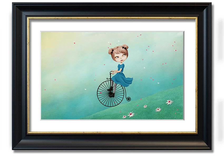 Framed print of Alice In Wonderland featuring a penny farthing bicycle, handmade in the UK with multiple frame color options.