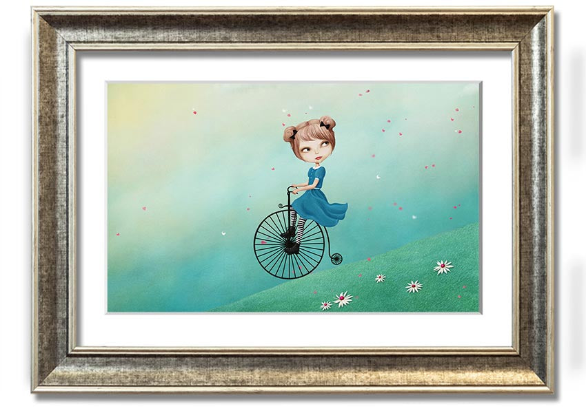 Framed print of Alice In Wonderland featuring a penny farthing bicycle, handmade in the UK with multiple frame color options.