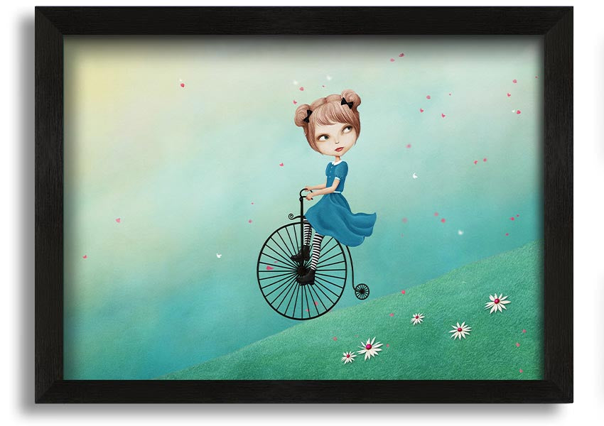 Framed print of Alice In Wonderland featuring a penny farthing bicycle, handmade in the UK with multiple frame color options.