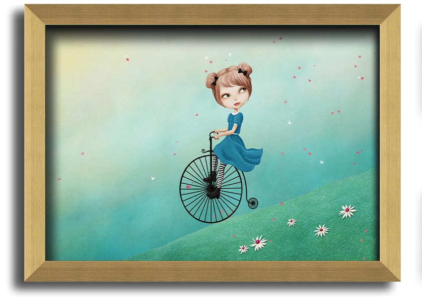 Framed print of Alice In Wonderland featuring a penny farthing bicycle, handmade in the UK with multiple frame color options.