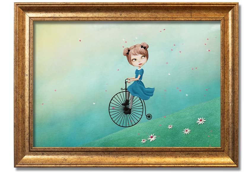 Framed print of Alice In Wonderland featuring a penny farthing bicycle, handmade in the UK with multiple frame color options.