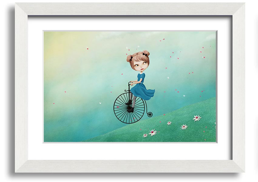 Framed print of Alice In Wonderland featuring a penny farthing bicycle, handmade in the UK with multiple frame color options.