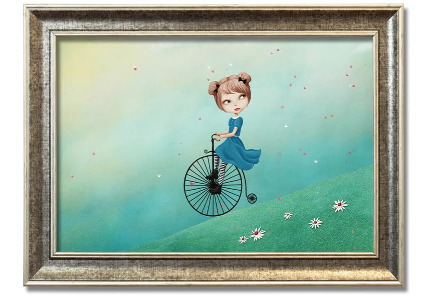 Framed print of Alice In Wonderland featuring a penny farthing bicycle, handmade in the UK with multiple frame color options.