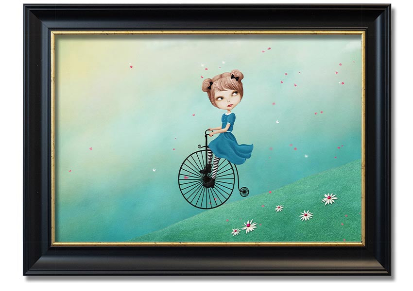 Framed print of Alice In Wonderland featuring a penny farthing bicycle, handmade in the UK with multiple frame color options.